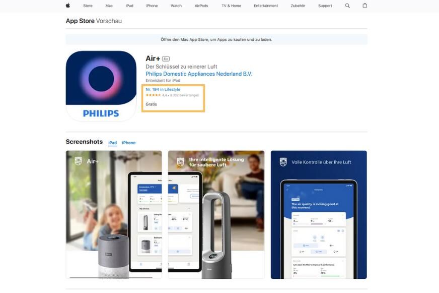 Приложение Philips Air+ можно загрузить в Apple iOS App Store, у него 4,4 из 5 звезд на основе 8352 оценок. 